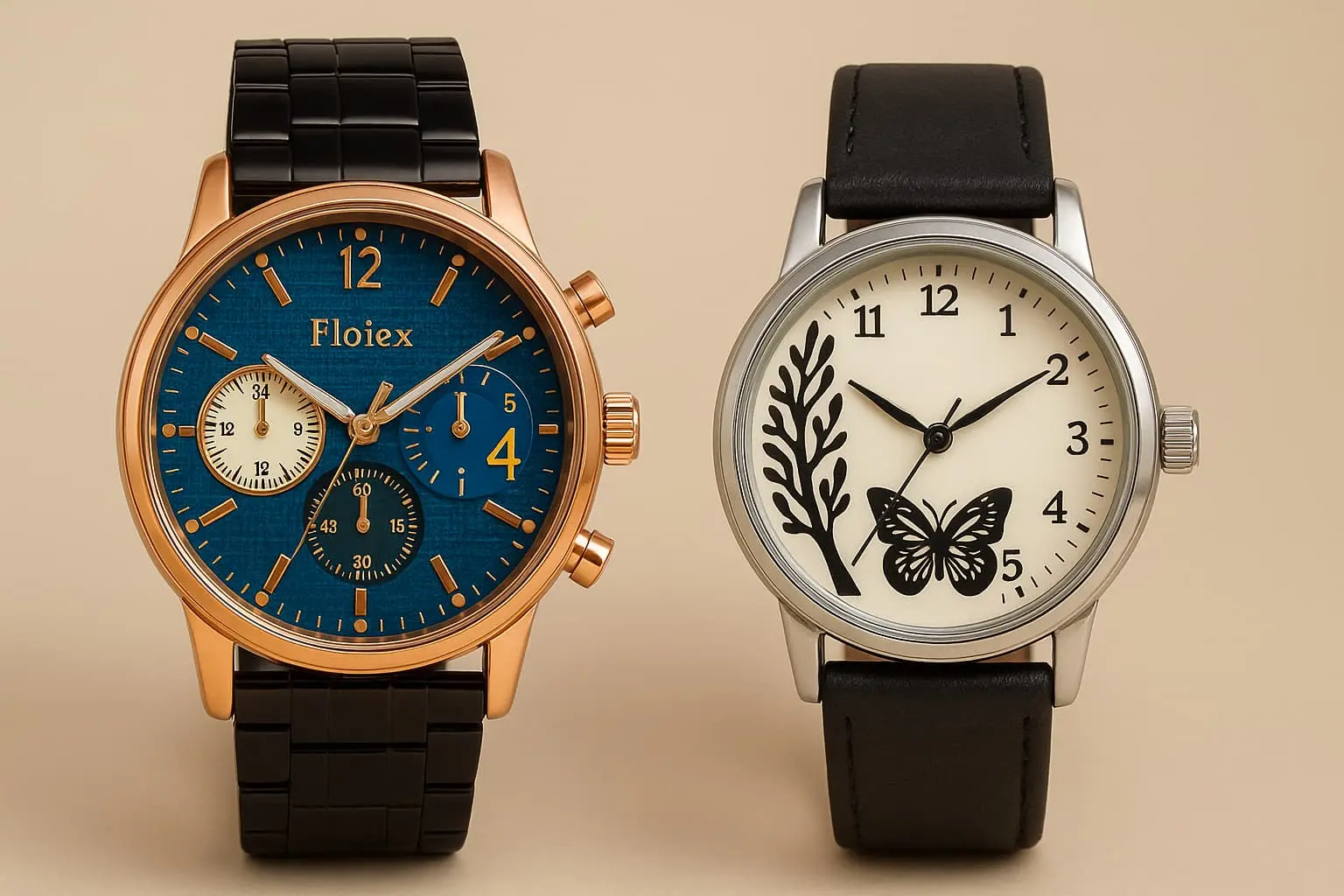 ⌚ Elegant Timepieces for Every Style This image presents two distinct and stylish wristwatches, each catering to a unique aesthetic: Left – Floiex Chronograph Watch A bold and refined chronograph-style watch featuring a deep blue textured dial, gold markers, and a rose gold-tone case. Accented with three functional subdials and a sleek black metallic strap, this timepiece is perfect for those who appreciate precision with a touch of luxury. Right – Nature-Inspired Women's Watch A minimalist yet charming design with a soft cream dial, adorned with a graceful butterfly and plant silhouette. Housed in a silver case and paired with a classic black leather strap, this watch captures feminine elegance with a nature-inspired twist — ideal for casual and daily wear.