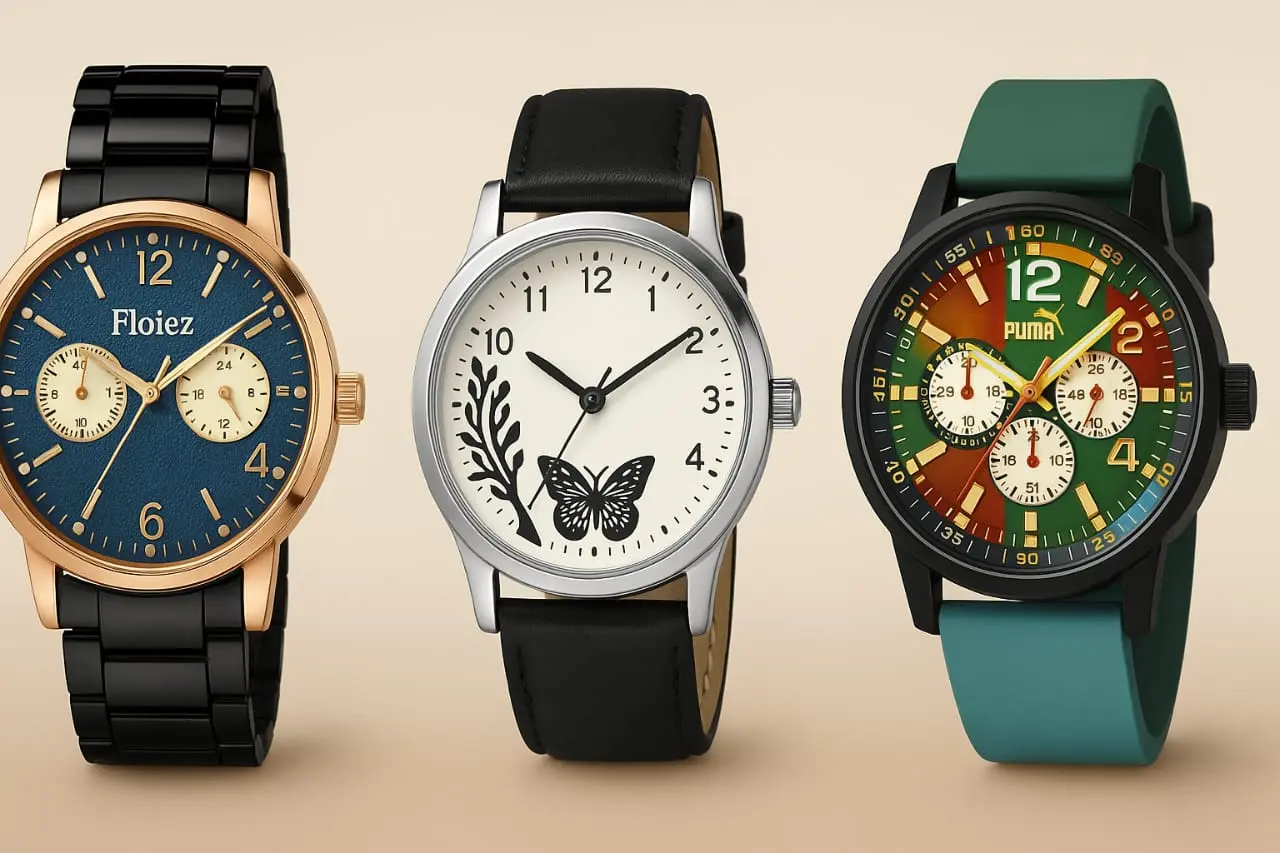 A Stylish Trio of Timepieces This image showcases three distinct wristwatches, each with a unique design that caters to different tastes and personalities: Left: A bold and elegant men's watch from Floiez, featuring a rich blue dial, dual subdials, and a gold-tone case paired with a glossy black metal strap — perfect for formal and executive wear. Center: A minimalist and artistic ladies' watch with a silver case, cream dial, and black leather strap. The dial is adorned with delicate floral graphics and a butterfly motif, offering a feminine, nature-inspired aesthetic ideal for everyday wear. Right: A sporty and vibrant Puma watch with a multicolored dial (shades of green, red, and yellow), three subdials, and a durable teal rubber strap. Designed for the bold and active lifestyle, this watch merges functionality with street-style flair.